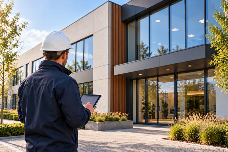 Expert devant un immeuble de bureaux