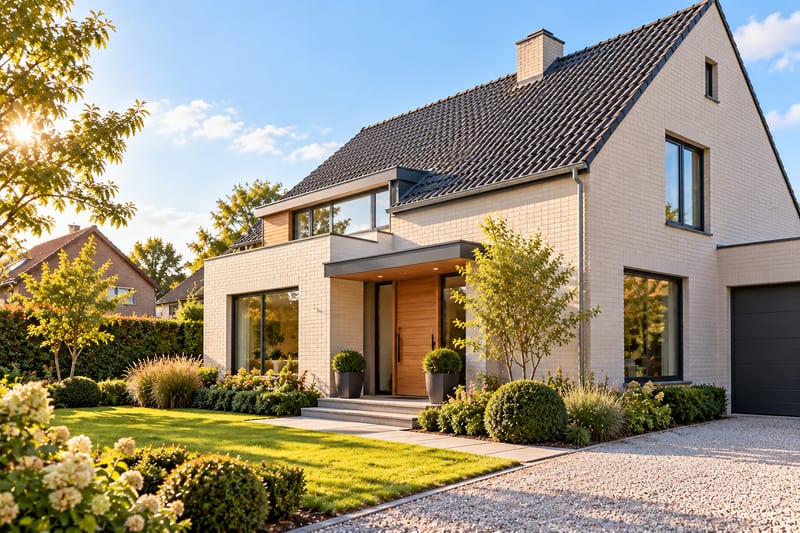 Maison en briques claires avec jardin, au soleil